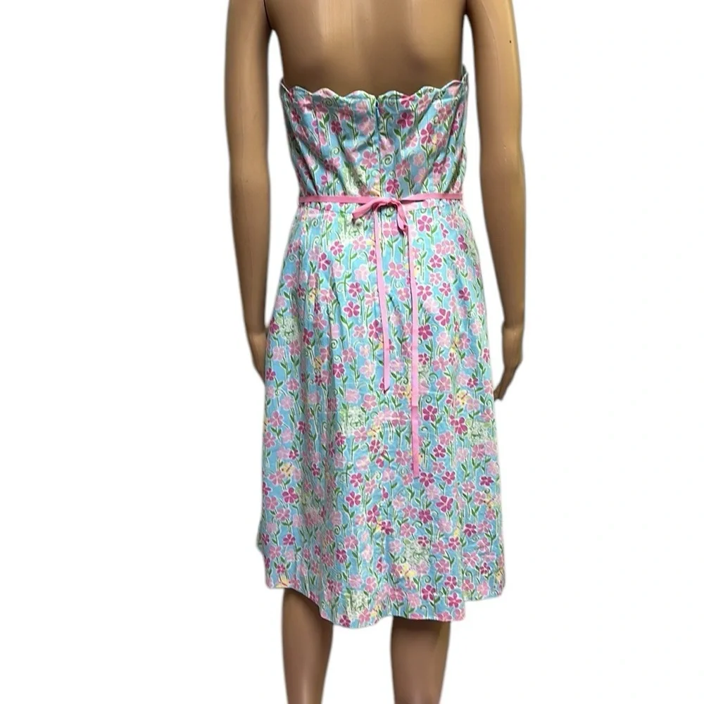 Lilly Pulitzer Strapless Wave Blue Floral Butterfly Tiger Scalloped Trim Dress 6 - Picture 7 of 13